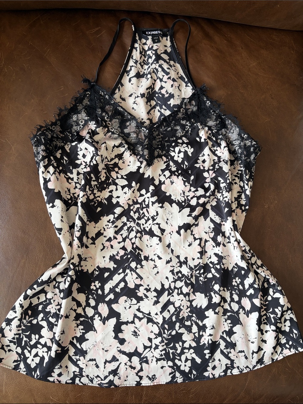 Express Black & Cream Satin Floral Lace-Trim Cami